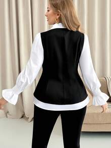 SHEIN Tall CURVE 大尺碼優雅黑白配色秋季休閒通勤辦公室色塊收腰襯衫女上衣 - 黑與白 - 查看 2