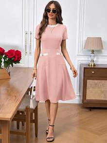 SHEIN LUNE 女士黑色蕾丝拼接优雅派对中长连衣裙 - 淺粉色 - 查看 3