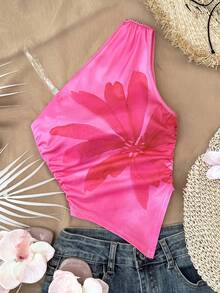 SHEIN Camiseta de tirantes con volantes y bajo asimétrico con estampado floral para niña preadolescente - Multicolor - Ver 1