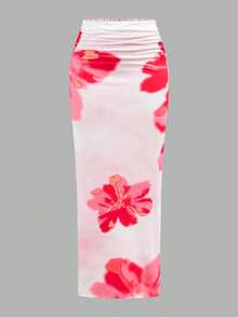 SHEIN Tween Girl Tropical Print Halter Maxi Dress 2 Pieces Set, Pink Vacation Style - Pink - View 8