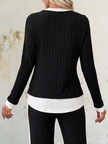 EMERY ROSE Women's Contrast Color V-Neck Long Sleeve Ribbed Casual T-Shirt Long Sleeve Black Top Women Long Sleeve Tops - Black - View 2