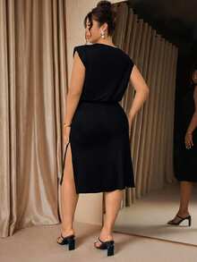 Cravure Robe en tricot grande taille avec broderie perlée dorée, élégante pour cocktail, thé de l'après-midi, déplacement, robe fourreau sophistiquée et gracieuse avec broderie perlée 3D sans manches, robe mi-longue noire grande taille - Noir - Voir 2