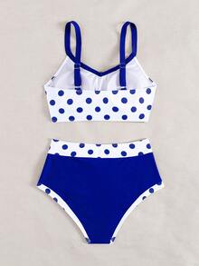 Swim Lushoire 2件套新款波点蝴蝶结露背露肩休闲派对沙滩比基尼泳装套装，女士夏季沙滩度假装 - 寶藍色 - 查看 2