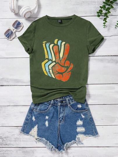 EMERY ROSE Gesture Print Short Sleeve T-Shirt Graphic Tees Women Tops