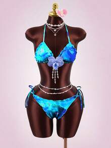 Swim SXY 女士26SS新款印花比基尼套装，带蛋糕裙摆，性感优雅甜美三件套比基尼，适合海滩派对和假期穿着 - 藍色 - 查看 4