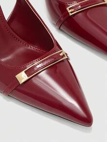 CUCCOO BIZCHIC Women Shoes Spring/Summer Metal Buckle Decorative Pointed Thick Heel Elegant Wind Patent Leather Burgundy Sandals Commuter Dinner Spring Shoes - Burgundy - View 9