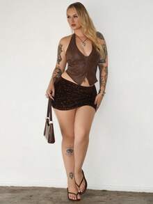 Arliah 针织休闲女式摩卡棕色亮片缀饰A字裙 - 棕色 - 查看 6