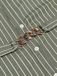 GlowEve CURVE 加大码条纹印花金属腰扣长袖衬衫 - 綠色 - 查看 3