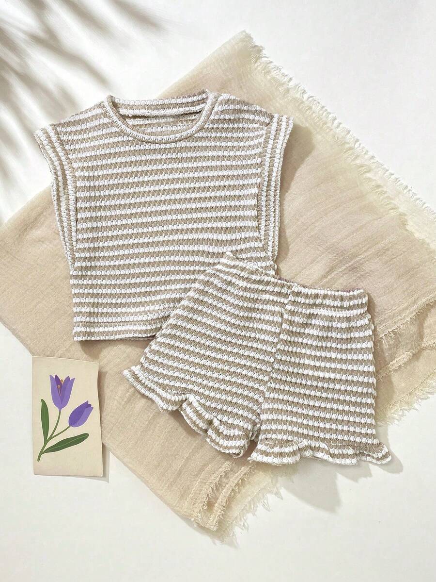 SHEIN Playful Pals 2pcs/Set Baby Girl Infant Toddler 0-3Y Casual Vacation Daily Black & White Striped Ruffle Sleeve Crew Neck T-Shirt Top And Shorts Set, Spring/Summer - Multicolor - View 1