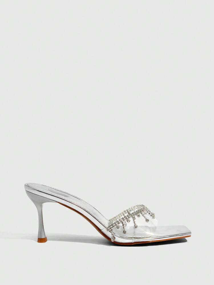 CUCCOO SZL Women Shoes Summer Square Toe Slender High Heel Silver Transparent Film Rhinestone Chain Open Toe Women's Sandals Sexy Fashion Gorgeous With Skirts Banquet Party Night Club Women's High Heel Sandals Slippers