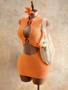 Mistrie 女士性感镂空无袖紧身迷你连衣裙，夏季 - 亮橙色 - 查看 3