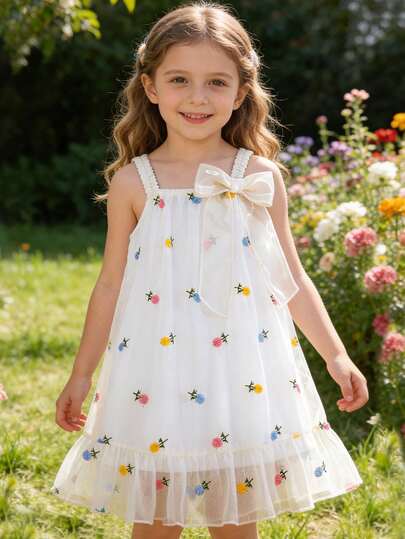 SHEIN 少女夏季新款甜杏色编织花卉刺绣吊带蝴蝶结装饰简约可爱度假沙滩裙