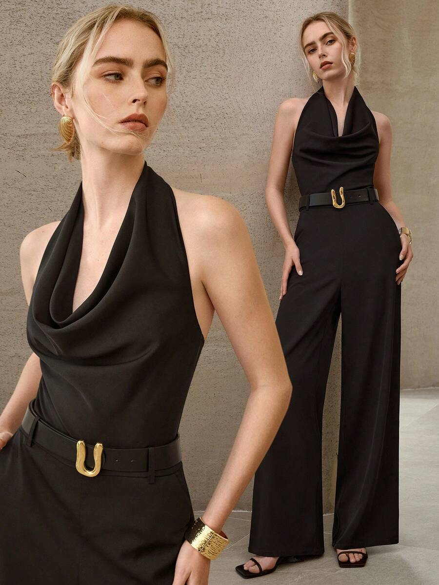 MOTF PREMIUM DRAPED NECK BACKLESS WAIST CINCHED JUMPSUIT, ELEGANT & MINIMALIST, SUITABLE FOR COMMUTING AND EVERYDAY WEAR - Black - View 1