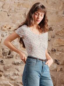 lacRébo Ditsy Floral Print Rib Bodysuit With Button Front Detail Spring Summer Casual Boho French Style Parisian Style - Multicolor - View 7