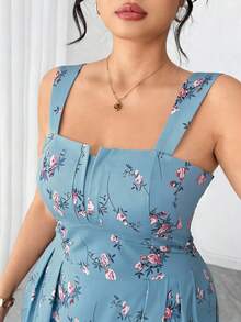 Elenzga 大码女士优雅印花吊带夏季连衣裙，情人节 - 藍色 - 查看 4
