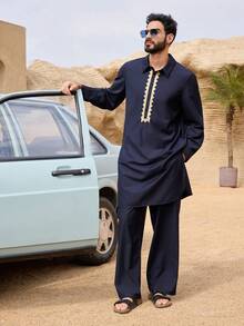 DAZY Men's Navy Blue Shirt And Pants Set, Suitable For Spring And Autumn Vacation - Navy Blue - View 6
