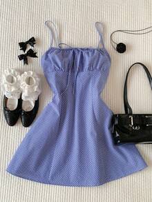 Comfortcana 2026 New Arrival Spring/Summer Women's Casual Plaid Strap Mini Dress, Summer Blue Gingham Dress Blue Sundress Cute Dress Easter Dress Women  Vacation Outfits Women - Blue - View 4