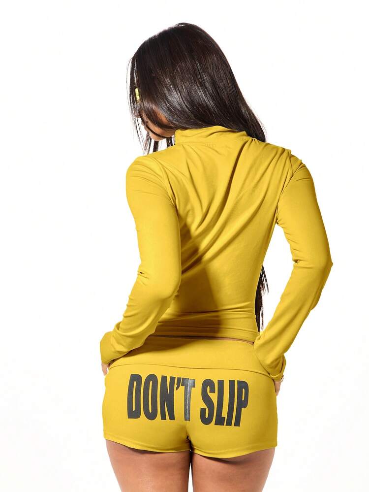 SUMWON WOMEN Fitted Zip Through Funnel Neck Slogan Sweatshirt Yellow Don't Slip Graphic Print Long Sleeve Casual Streetwear