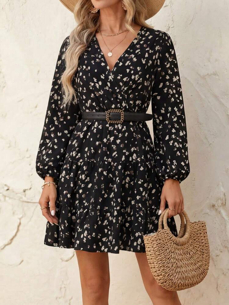 Women's Casual Lantern Sleeve Short Allover Print Dress, Autumn Winter Dress Elegant Dresses For Women Casual Dresses For Women Going Out Dress New Year Clothes Birthday Dress Work Dress Valentine's Day Women's Floral Dress Fall Dresses For Women Black Floral Dress Long Sleeve Elegant Dress Women Outfit Date Night Going Out Dress