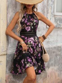 Breezaya 女士夏季度假印花撞色蕾丝连衣裙 - 黑色 - 查看 3