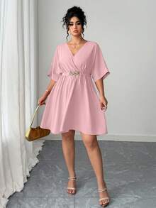 Elenzga Women's Casual V-Neck Cinched Waist Waist Short Elegant Red Evening Dress, Summer - Baby Pink - View 4