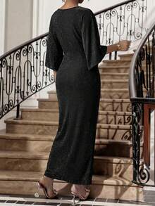 SHEIN Lady CURVE 大码闪亮扭结腰身派对连衣裙 - 黑色 - 查看 2