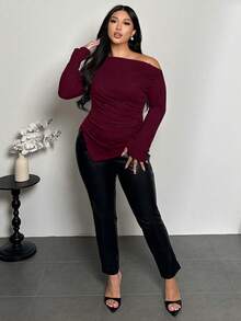 Firerie Plus Size Women Red Solid Asymmetric Hem Ruched Shoulder Long Sleeve Fitted Fashionable T-Shirt/Winter Fall - Burgundy - View 3