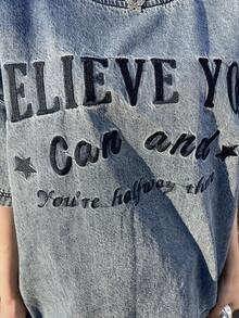 FRIFUL Women's Casual Vacation Fashion Street Slogan Embroidery Loose Denim Blouse, Suitable For Daily Commute Summer - Blue - View 6