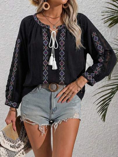 White Embroidered Bohemian Style Women's Blouse, Tie Collar, Drop Shoulder, Long Sleeve, Non-Stretch, Regular Fit
