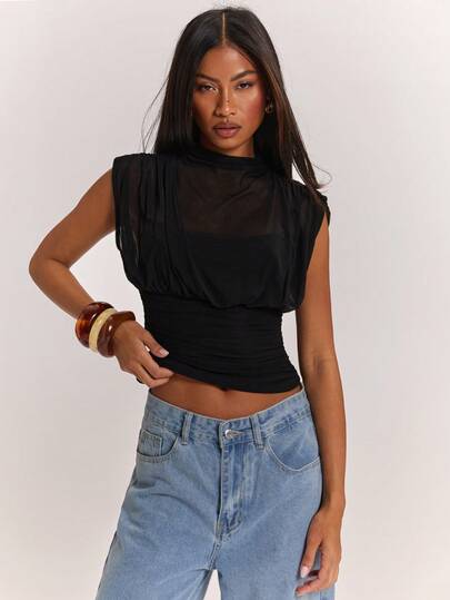 SHEIN BAE Mock Neck Ruched Mesh Top Without Camisole Ruched Tops For Women ,Casual Blouse For Women ,Elegant Women's Blouses,Women's Social Blouse,Black Tops,Summer Top