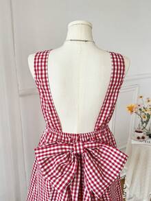 Comfortcana Đầm dáng chữ A hở lưng, thắt nơ, kẻ caro đỏ trắng, cỡ lớn, thích hợp cho kỳ nghỉ. - Đỏ và trắng - Xem 9