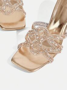 CUCCOO TILAWA 女鞋方头细跟香槟色透明镂空水钻性感时尚优雅华丽女式高跟凉鞋拖鞋配裙子日常百搭宴会派对女式凉鞋 - 香檳色 - 查看 7