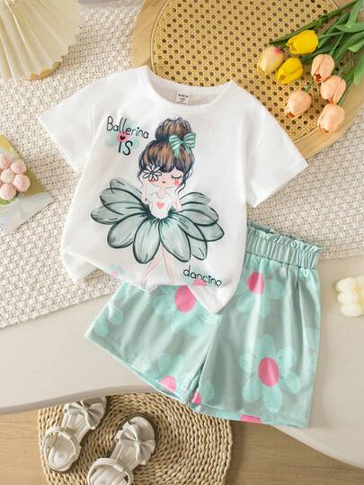 SHEIN 2件套女童休闲可爱卡通印花上衣和碎花短裤套装