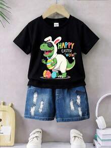 SHEIN Playful Pals 男童复活节恐龙字母印花圆领短袖T恤，男童服装，男童上衣，男童套头衫，男童短袖T恤，适合复活节、派对、休闲场合，甜美可爱，恐龙字母设计，适合春夏穿着，尺码6个月至3岁 - 黑色 - 查看 2