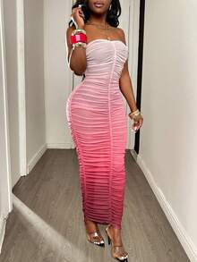 BamGleam Vestido de fiesta y vacaciones ajustado con estampado de degradado, escote sin tirantes y plisado de malla para mujer - Rosa - Ver 5