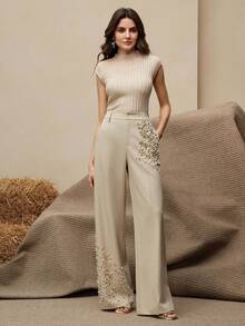 Anewsta Tall Calças bege elegantes e modernas, ricamente bordadas, ideais para outono, inverno, Ano Novo, festas, casamentos, ocasiões formais, Natal e festivais. Elegantes, chiques e estilosas. - Caqui - Ver 4