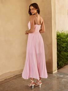 KARISMINA Solid Color Woven Layered Ruffle Strap Backless Dress For Women, Spring/Summer Vacation - Baby Pink - View 2