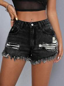 Jeanoix Shorts informales y versátiles de verano con efecto desgastado - Gris Oscuro - Ver 1