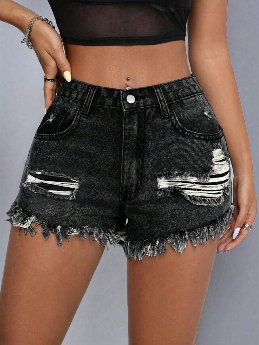 Jeanoix Shorts informales y versátiles de verano con efecto desgastado - Gris Oscuro - Ver 1