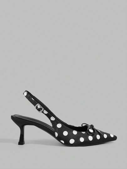 Ontre Polka Dot Bow Pointed Empty Sandals, French Retro, Classic Black And White Polka Dot With Bow Decoration, Both Elegant And Girlish, Suitable For Girls Who Like Light And Mature Style, Can Be Matched For Daily Commuting, Dating, Afternoon Tea And Other Occasions (With Dresses/Jeans Are Very Suitable)