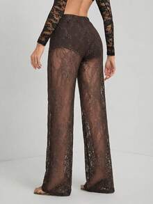 SHEIN Tall Women's Solid Color Lace Sheer Long Pants - Brown - View 3
