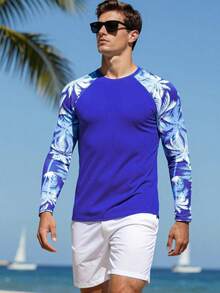 Surfspeed 男士印花拼接长袖沙滩度假冲浪防晒衣上衣，夏威夷风，蓝色热带风情男士，男士沙滩上衣，男士度假装，男士度假装，男士泳衣 - 彩色 - 查看 3