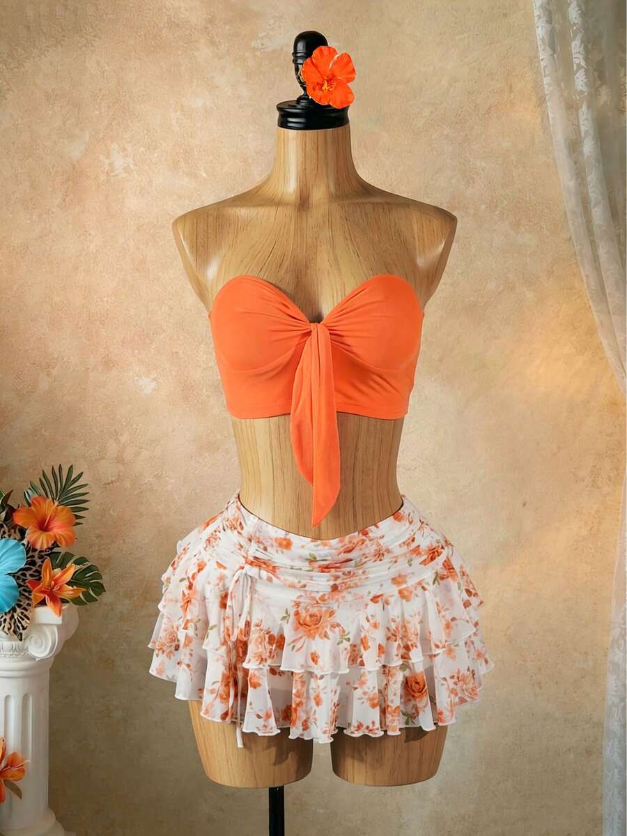 SaltGleam SaltGleam 性感度假露肩上衣和荷叶边碎花裙两件套 - 橘色 - 查看 1