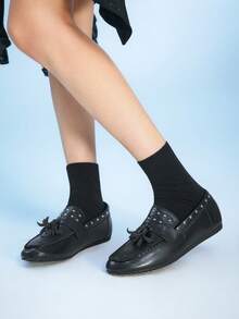 Sugerpunk Women's Tassel Studded Flat Loafers, Casual Versatile Daily Wear - Black - View 6