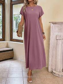 EMERY ROSE 女士纯色圆领蝙蝠袖短袖宽松休闲连衣裙 - 淺灰紫 - 查看 4