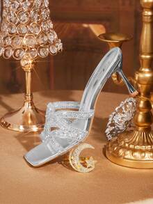 CUCCOO TILAWA Women Shoes Square Toe Slender Heel Silver Transparent Film Hollow Rhinestones Sexy Fashion Elegant Gorgeous Women's High Heel Sandals Slippers With Skirts Daily Versatile Banquet Party Women's Sandals - Silver - View 4