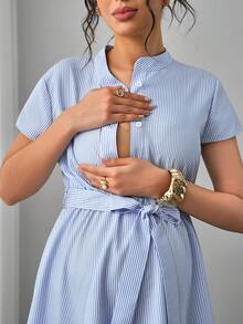 Momance Maternity Striped Cap Sleeve Single-Breasted Casual Dress - Blue and White - View 4