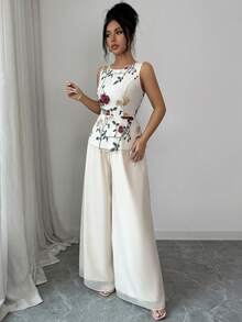 Elenzga Women's Sleeveless Elegant Casual Commute Outdoor Vest & Shiny Pants Two Pieces Set, Summer Outfit - Apricot - View 6