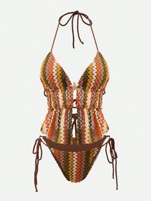Swim Basics Conjunto de Maiô Bikini Tankini Sexy com Amarração no Pescoço e Contraste de Cores para Mulheres, Roupa de Praia de Verão, Maiô Bikini de 2 Peças Estilo Y2K, Maiô Bikini de Crochê, Maiô Bikini Listrado com Top Halter - Multicolorido - Visão 5
