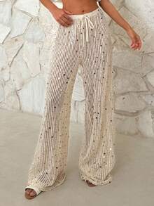 Firerie Women's Elegant Casual Beach Vacation Music Festival Party Low Waist Drawstring Knit Sheer Wide-Leg Pants, Spring/Summer - Beige - View 5